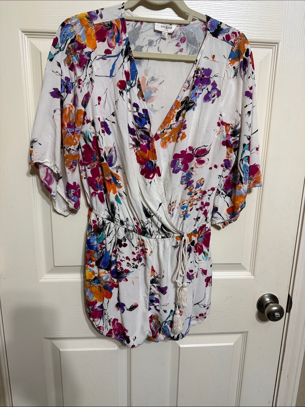 Umgee White Floral Wrap Bodysuit with Orange, Purple & Blue Accents
